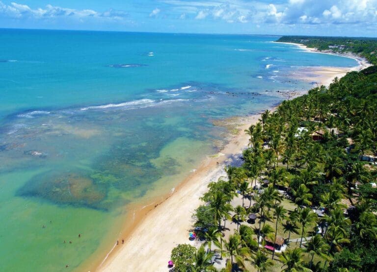 Aerial view of the Maraú Peninsula coastline, Bahia, Brazil, showing deserted beaches, turquoise water and dense Atlantic Forest