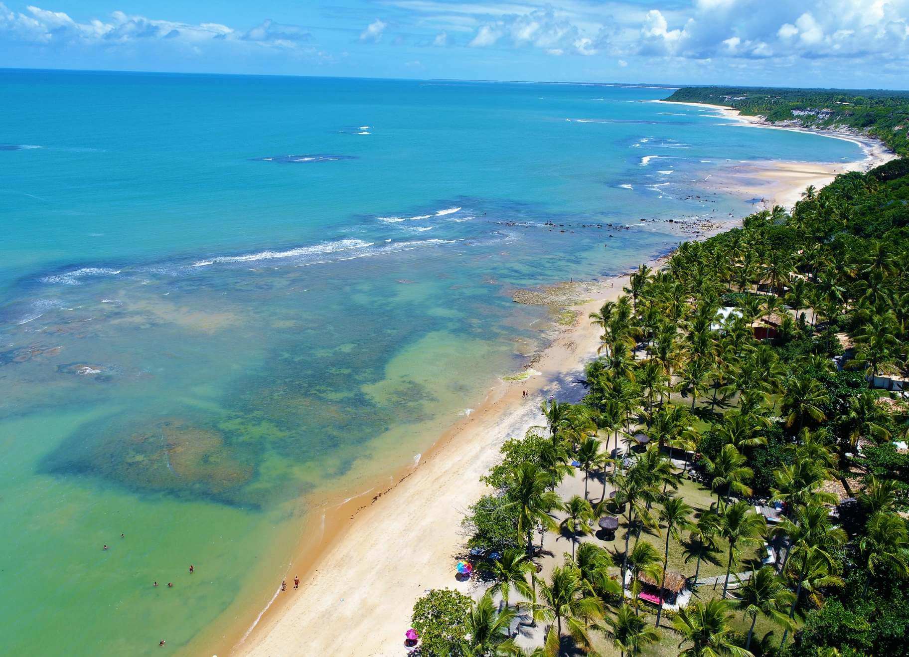 Aerial view of the Maraú Peninsula coastline, Bahia, Brazil, showing deserted beaches, turquoise water and dense Atlantic Forest